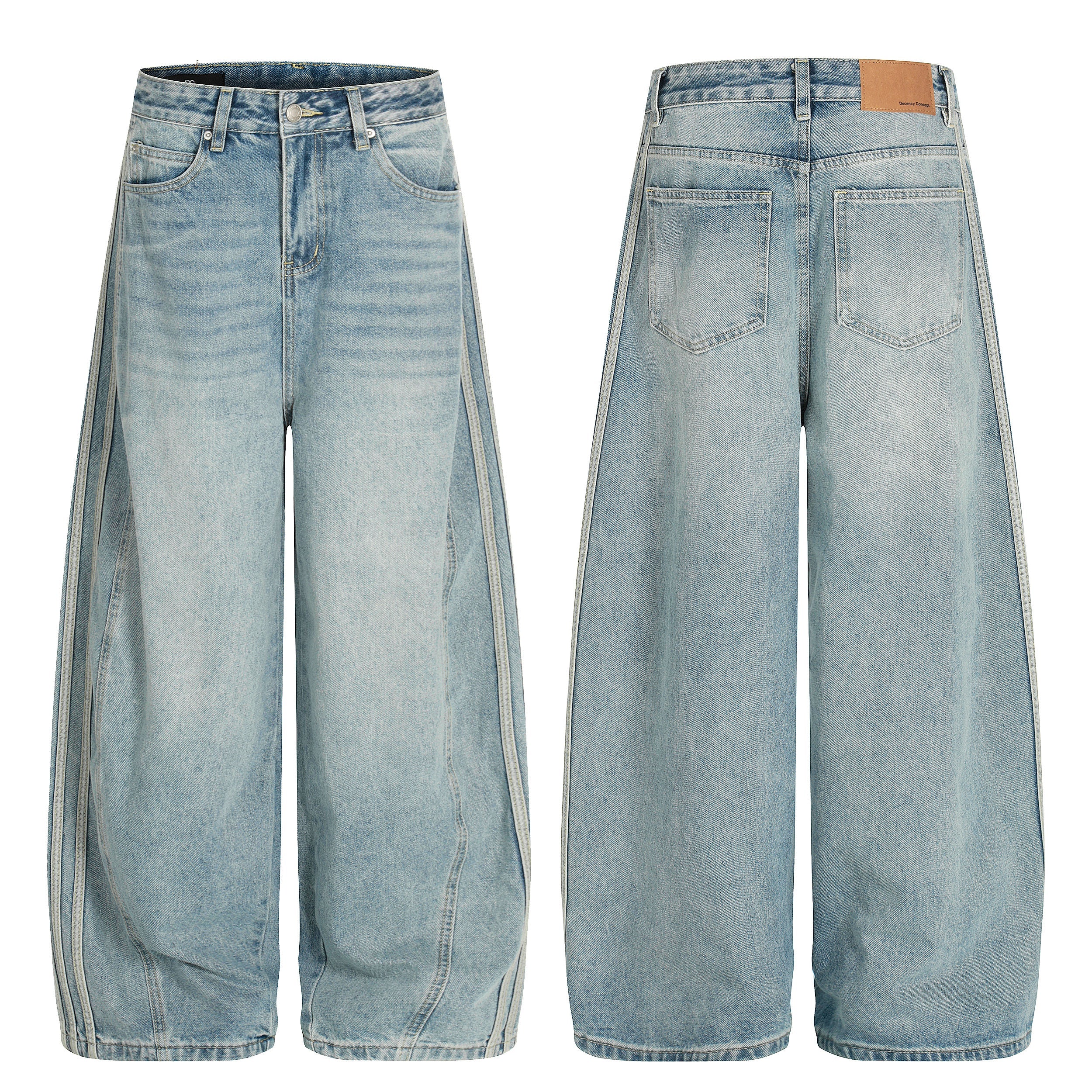 Front and back view of light wash barrel jeans with wide curved legs and five-pocket design on white background