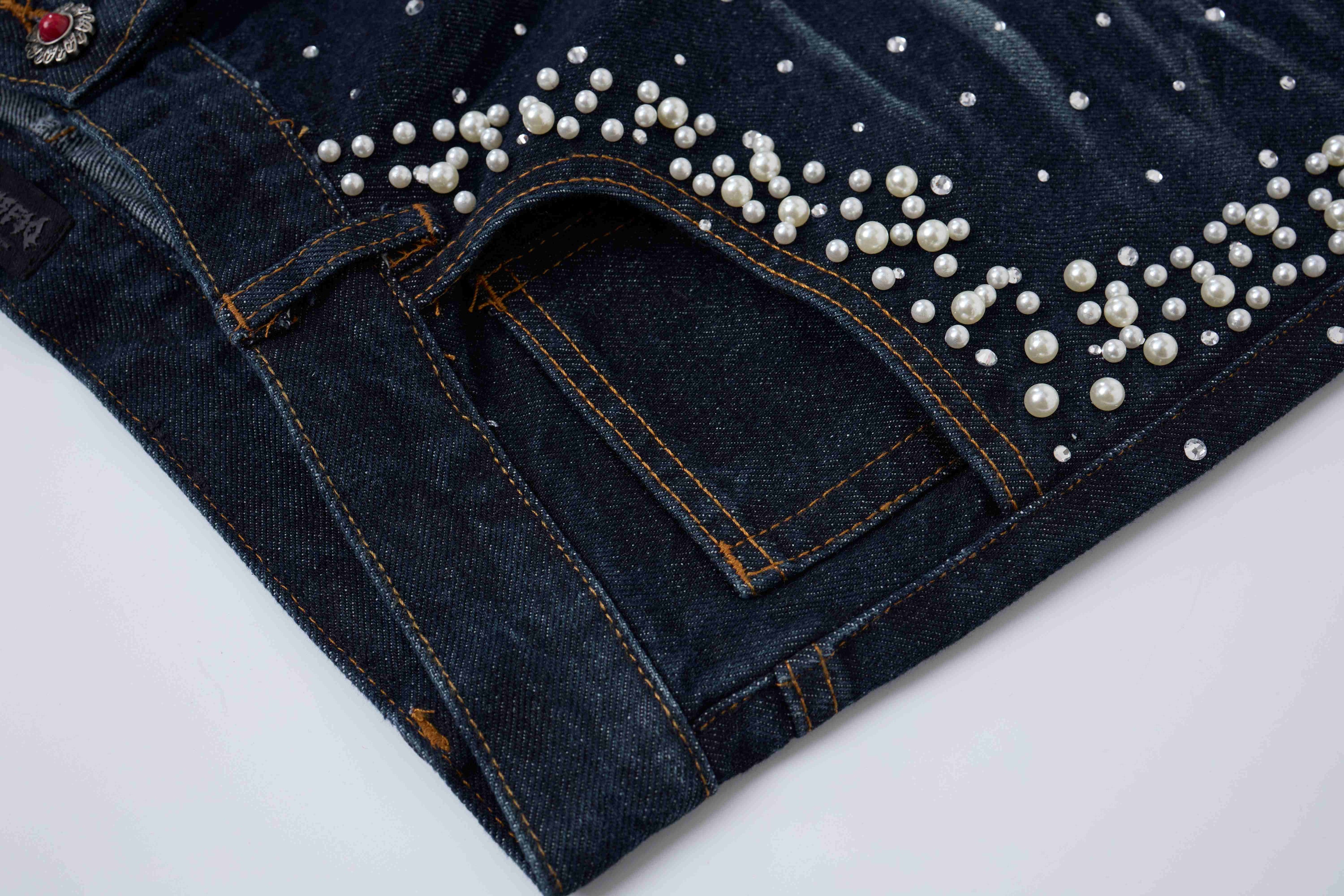 Omirad Pearl Studded Black Denim Shorts | Streetwear