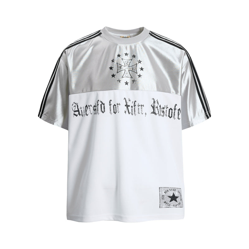 White mesh sport tee with black shoulder stripes, gothic cross graphic, and distressed chest lettering on a streetwear jersey
