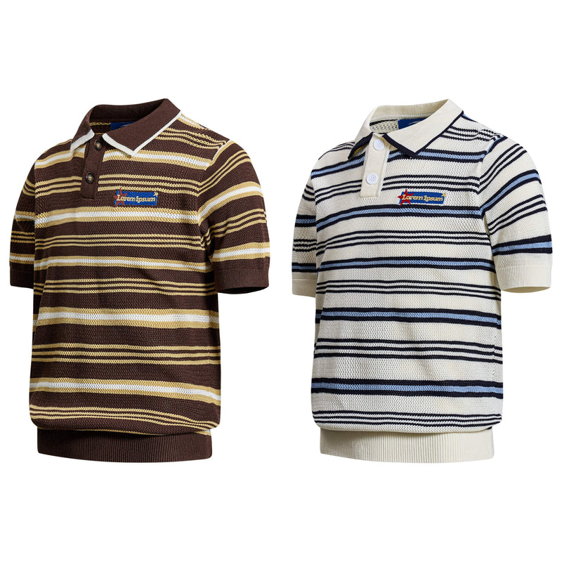 Two striped knit polo shirts in brown and cream, each with short sleeves, collar, and button placket