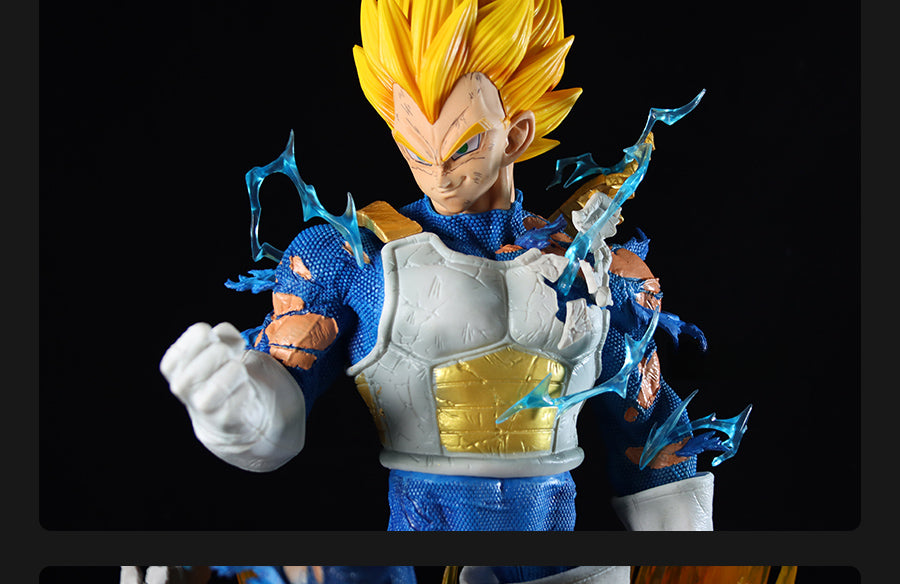 The Seakoff 55cm Vegeta Collectible Figure captures a fierce Super Saiyan stance in blue and white armor with gold accents. It features 3 interchangeable heads—Super Saiyan, Super Saiyan Blue, and Normal Forms—amid electric effects against a black backdrop.