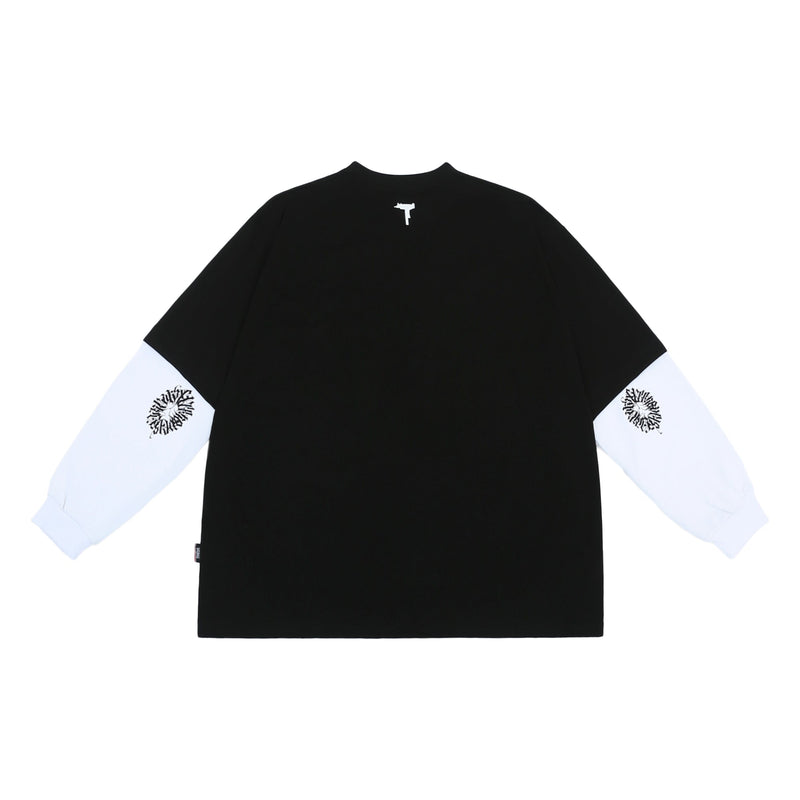 Back view of black long sleeve tee with white sleeves and small white neck graphic