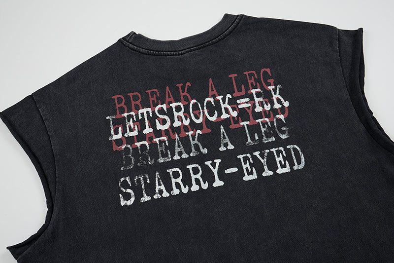 Black distressed sleeveless T-shirt with layered gothic slogan print and raw cut armholes