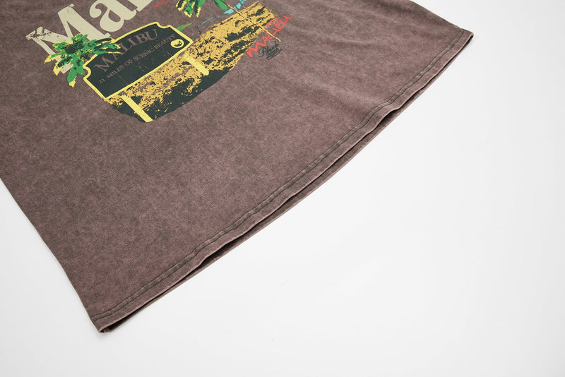 Washed brown raglan tee with faded Malibu graphic and palm tree print on the chest