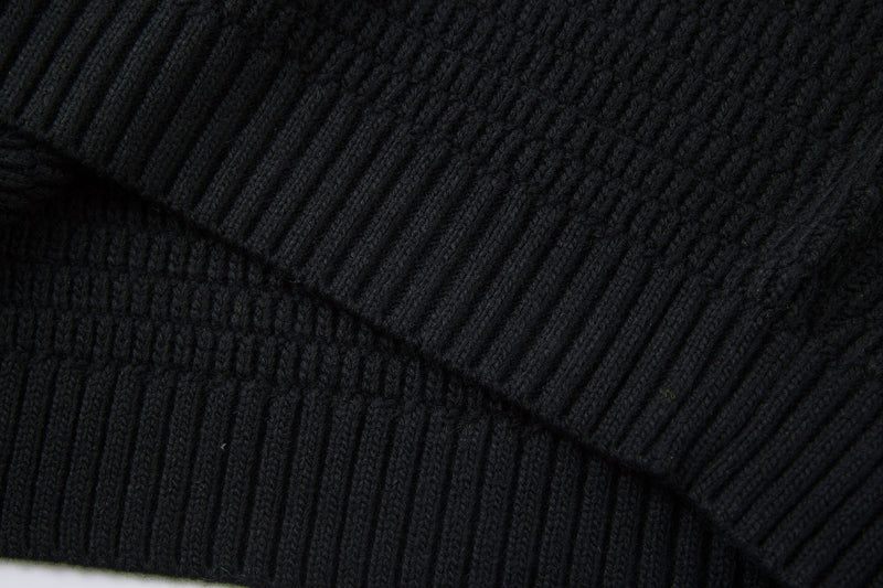 Close-up of black knit hem and sleeve edge with ribbed texture