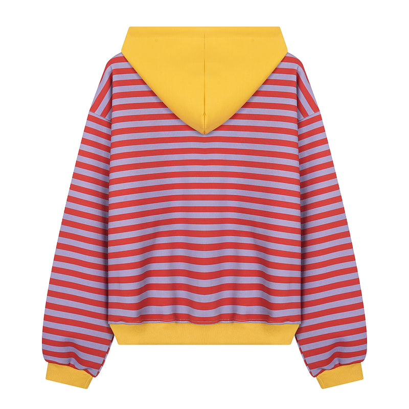 Back view of striped zip-up hoodie with yellow hood, cuffs, and hem