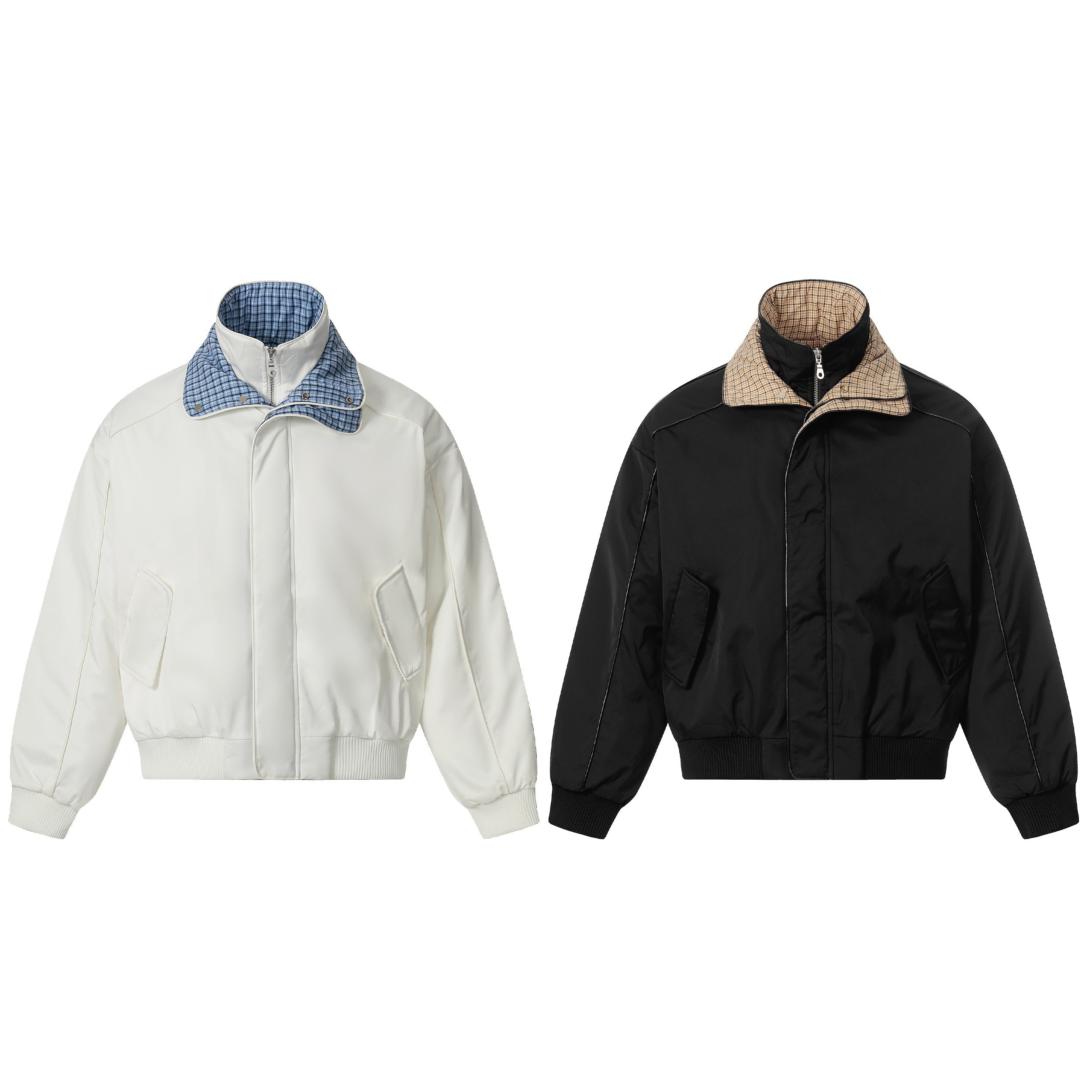 Off-white padded bomber jacket with blue plaid reversible collar, zip front closure, and ribbed cuffs on white background