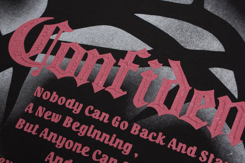 Black T-shirt with pink Gothic-style Confreta typography and white airbrush crown graphic on the chest