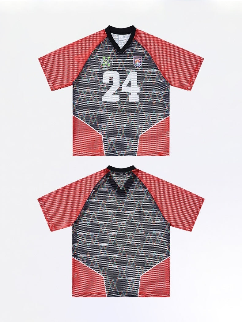 Black and red mesh varsity jersey T-shirt with 24 graphic and short sleeves, shown front and back