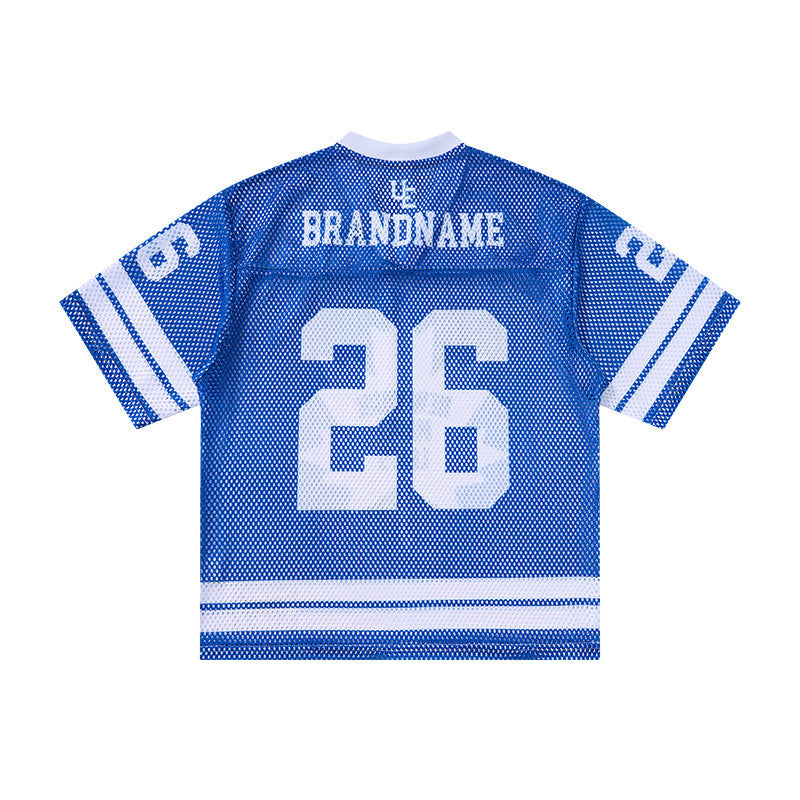 Blue mesh jersey T-shirt with white number 26 and varsity stripes on the sleeves and hem