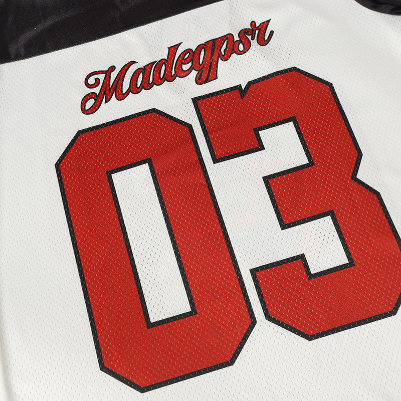 White and black football jersey with red 03 number and Madeypsr script graphic detail