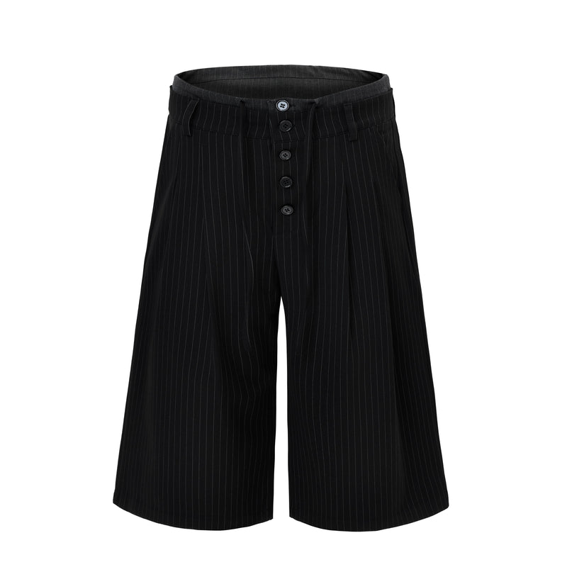 Black pinstripe wide-leg shorts with front button placket and tailored waistband