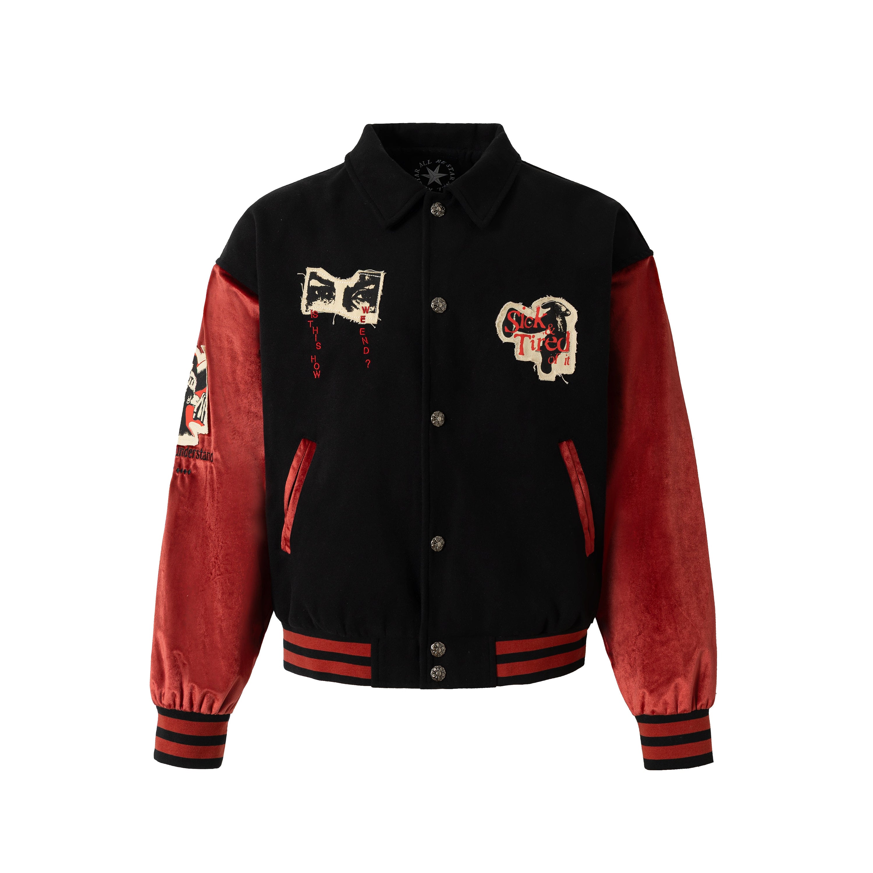 Retro Punk Varsity Jacket | Black & Red Graphic Bomber