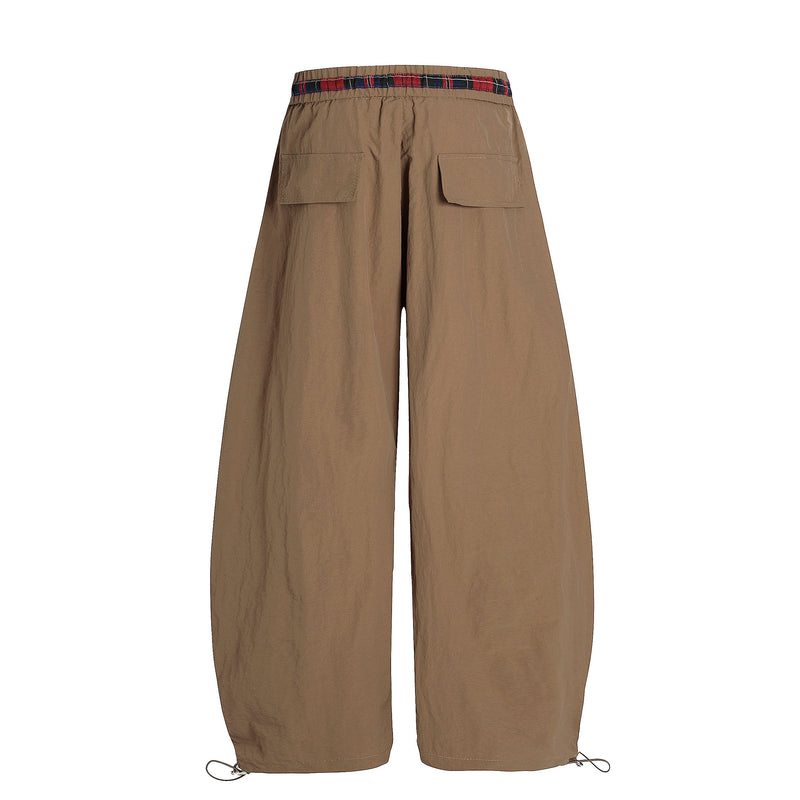 Nylon Plaid-Trim Stacked Pants | Wide-Leg Streetwear