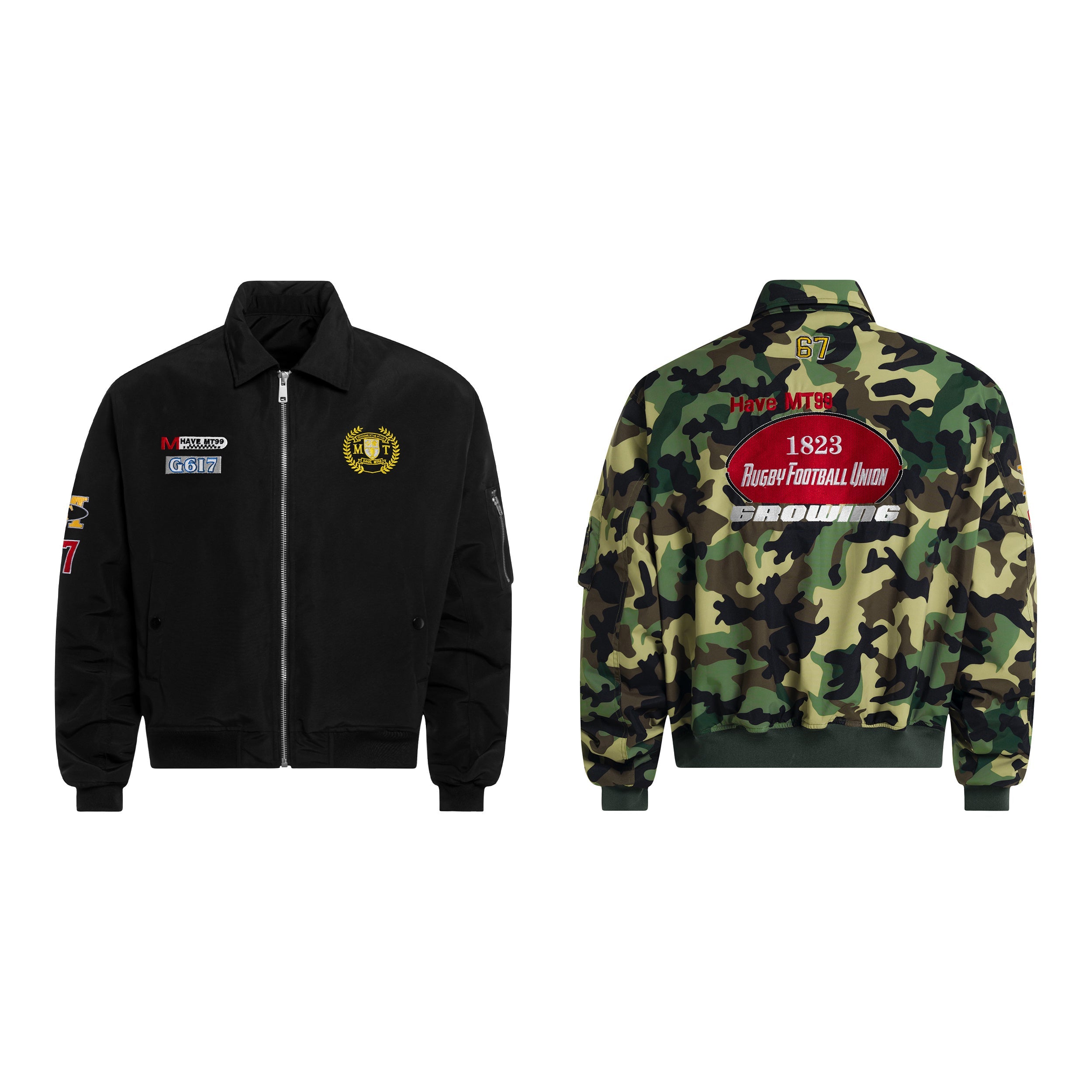 Omirad black and camouflage patchwork varsity bomber jacket shown front and back with embroidered patches