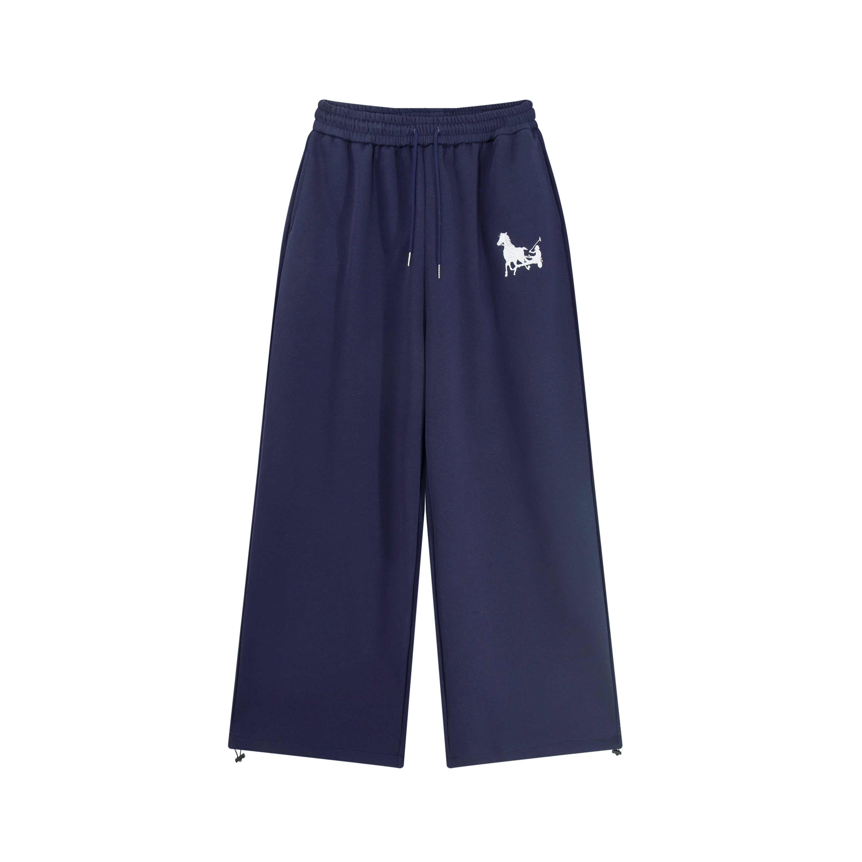 Navy wide-leg sweatpants with white horse emblem graphic on left thigh and adjustable drawstring waist