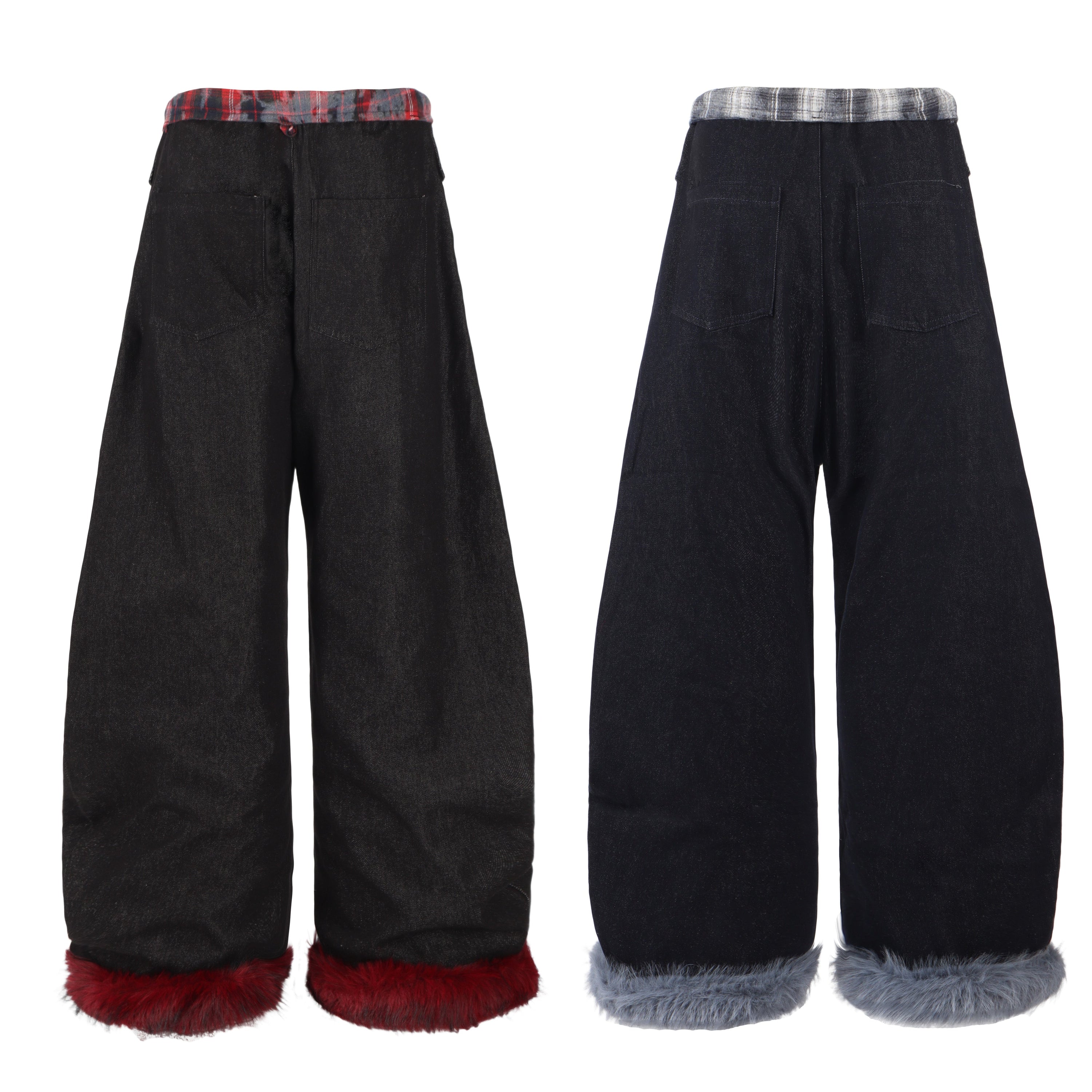 Omirad Flannel-Lined Faux Fur Barrel Leg Denim Pants