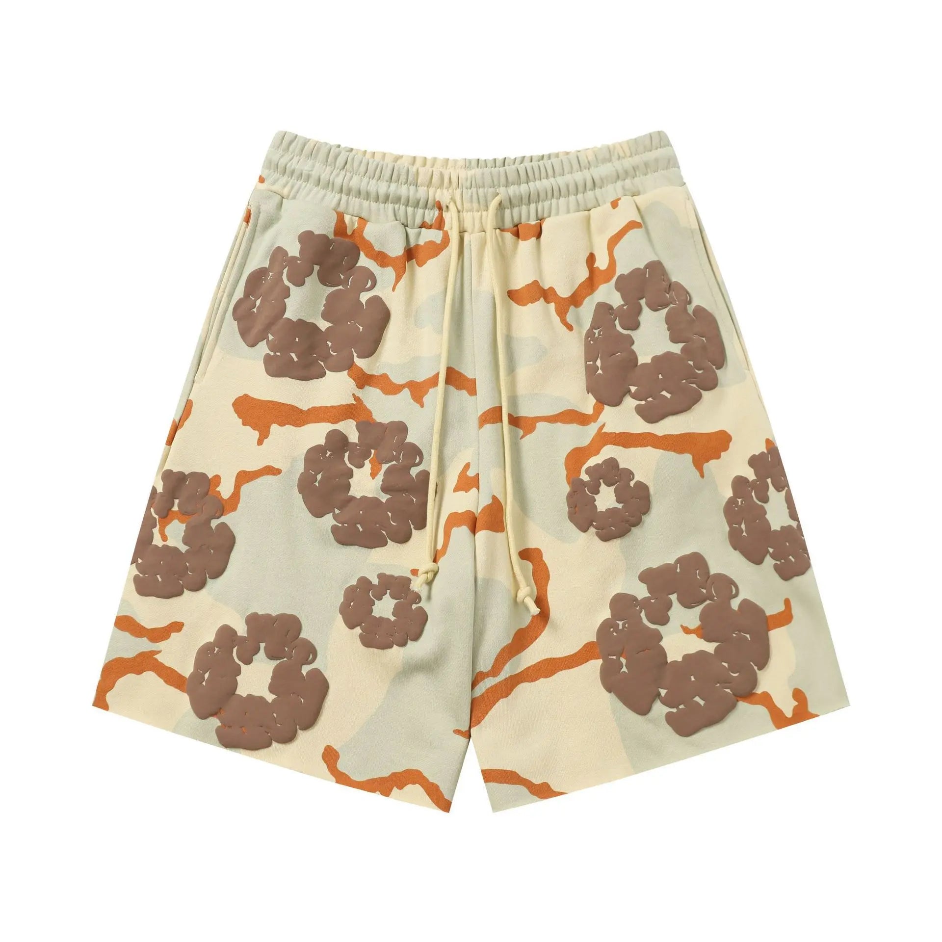 Denim Tears beige jogger shorts with brown and orange all-over floral ring print and drawstring waistband