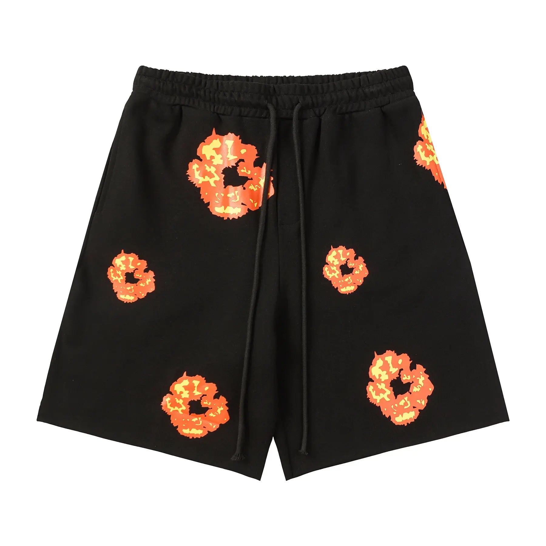 Black cotton jogger shorts with all-over orange and yellow flower print and front drawstring waistband