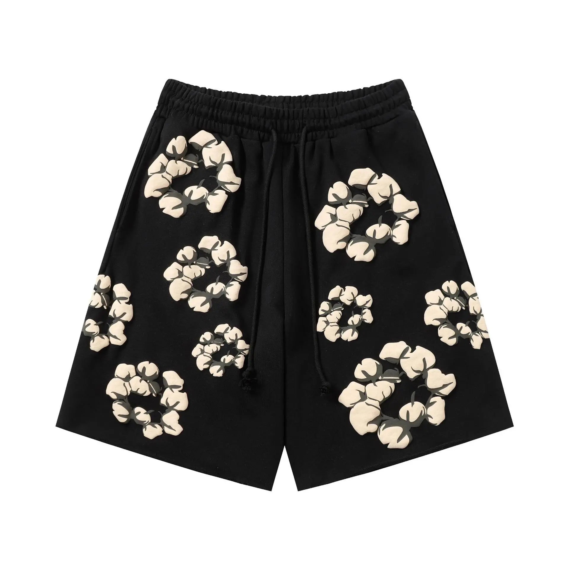 Black cotton jogger shorts with allover cream wreath flower print and drawstring waistband