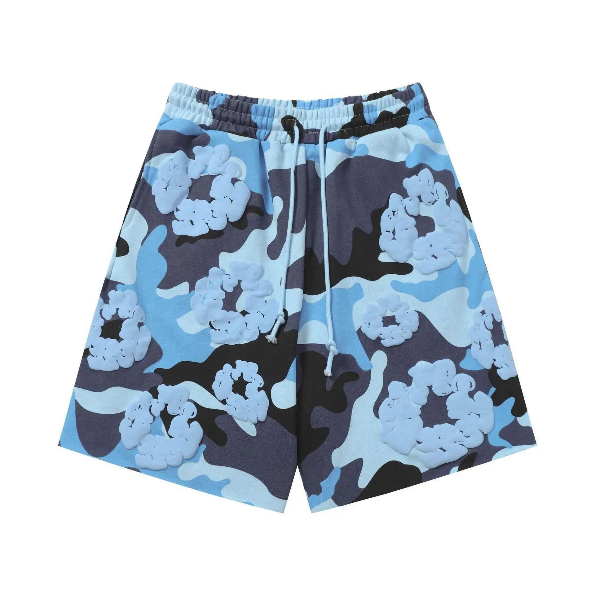 Denim Tears blue camouflage floral wreath print cotton drawstring shorts, flat lay front view