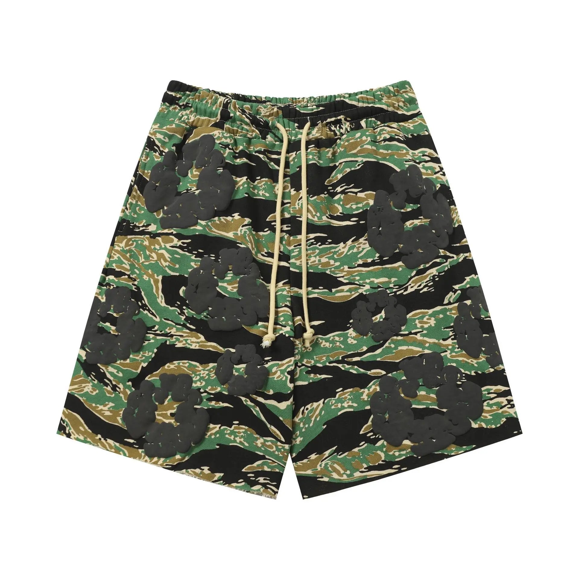 Denim Tears green tiger camo shorts with dark floral print and cream drawstring, laid flat on white background