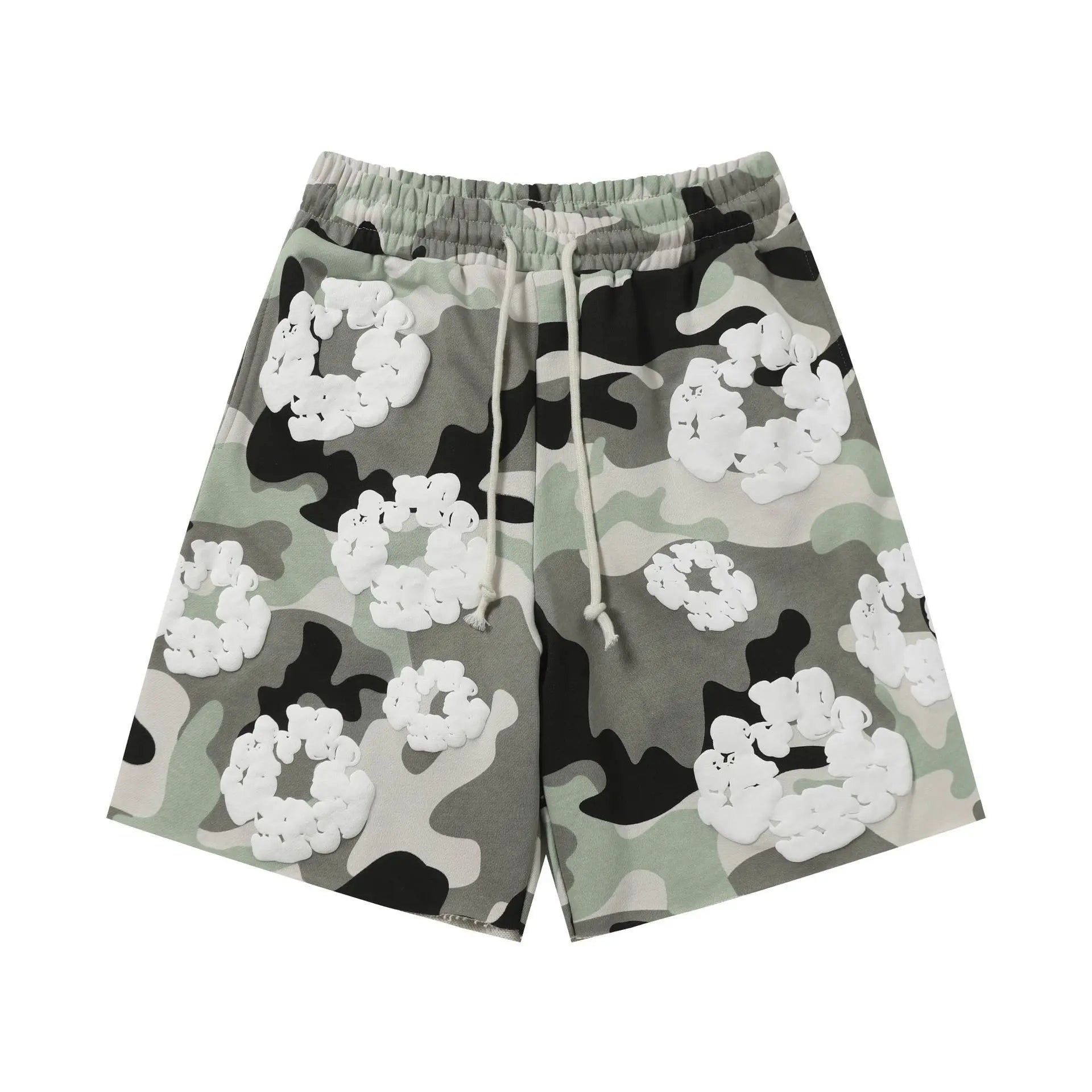Denim Tears mint green camo shorts with white floral wreath all-over print and cream drawstring waistband