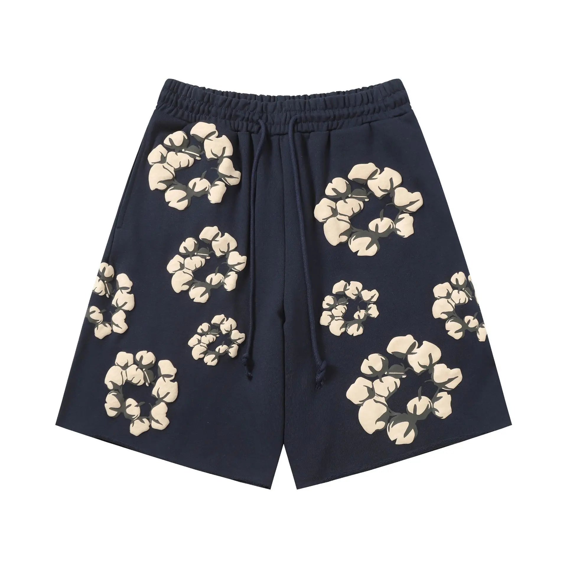 Denim Tears navy blue cotton shorts with allover wreath print and drawstring waistband, front view