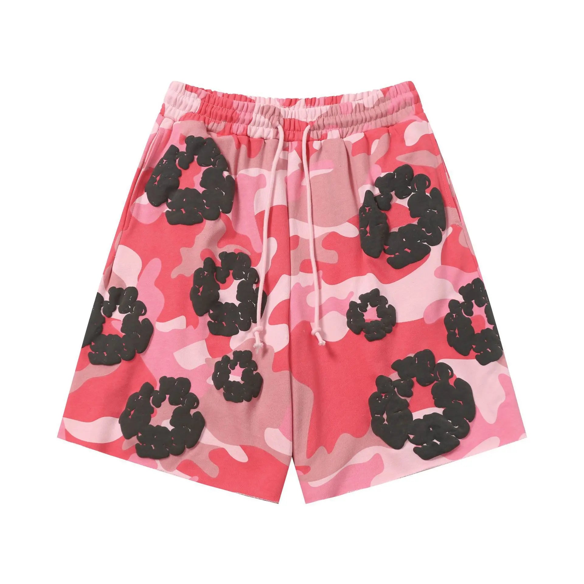Pink camouflage drawstring shorts with allover black wreath graphic print