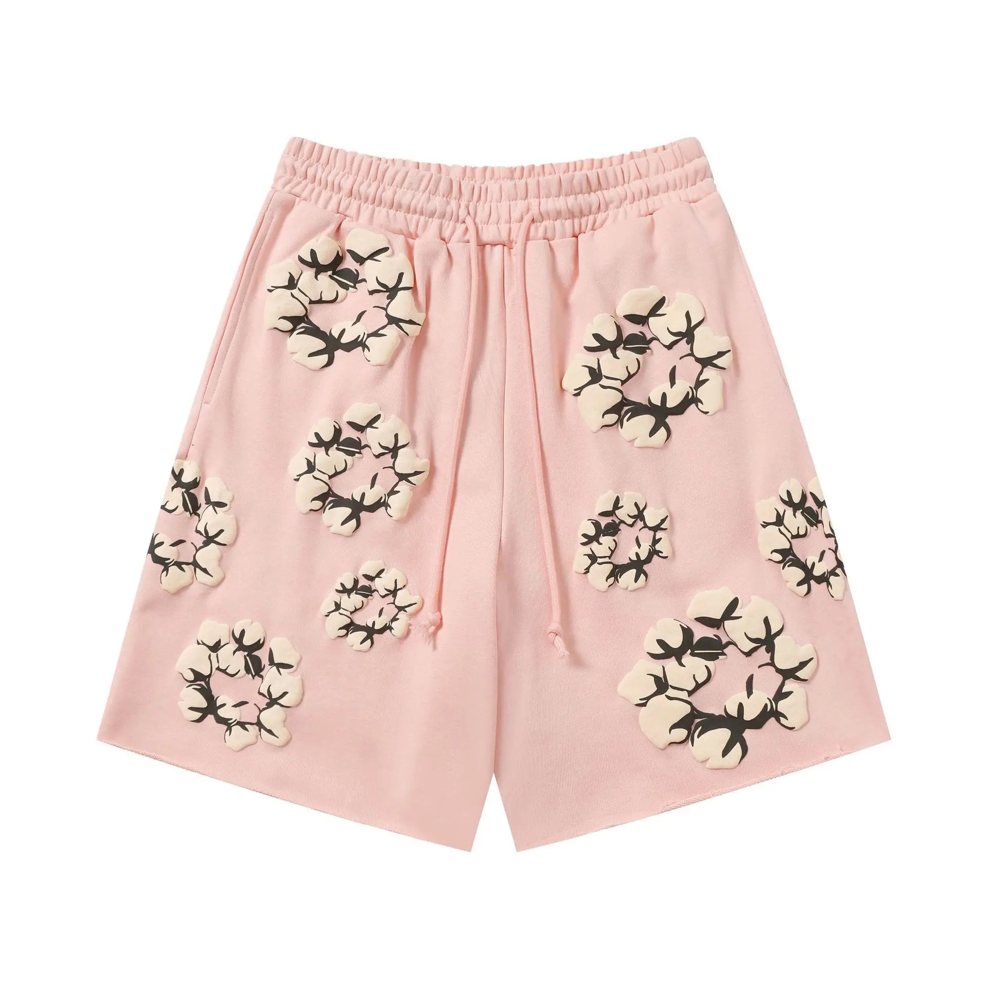 Pink Denim Tears jogger shorts with allover cotton boll wreath print and drawstring waistband