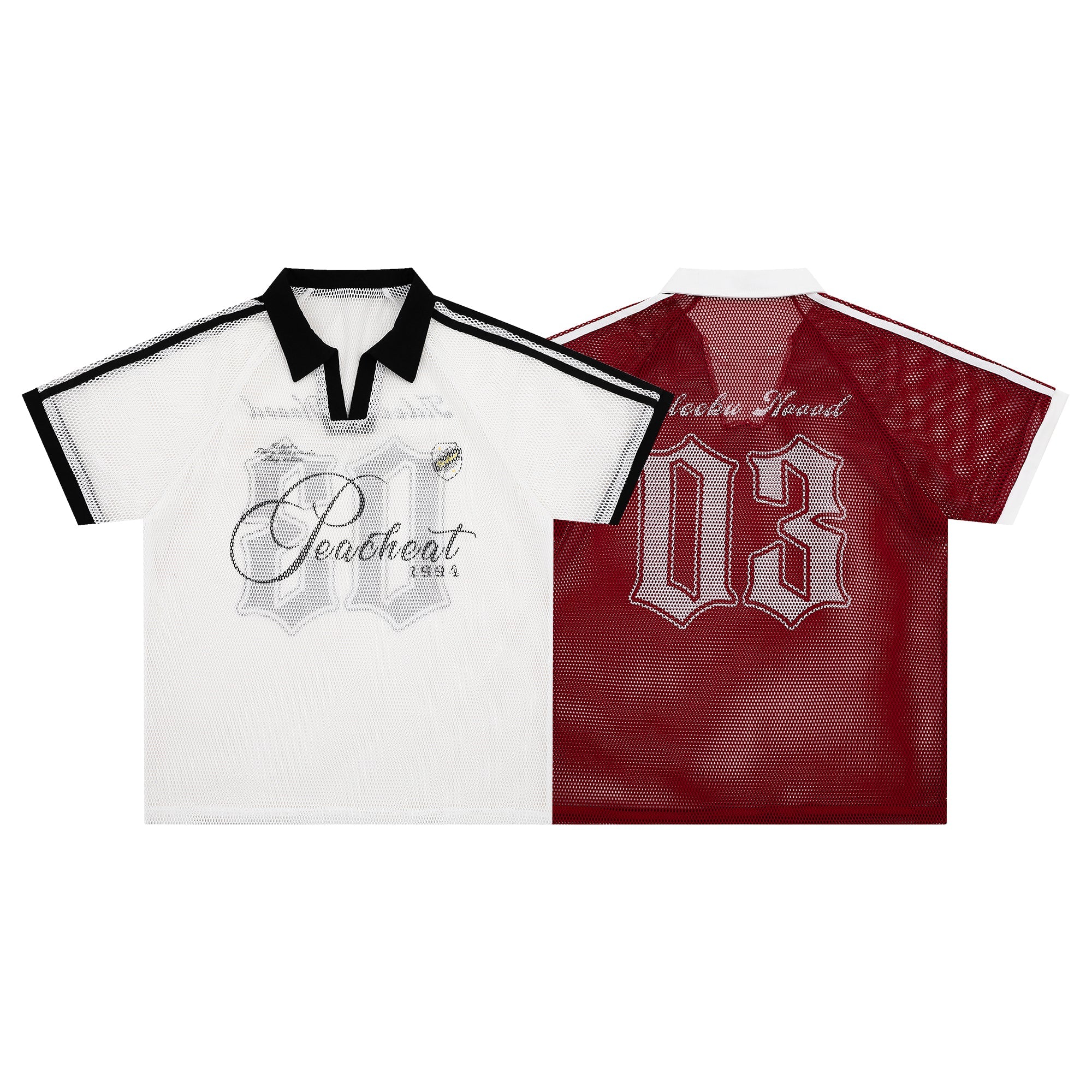 Front and back view of white and burgundy perforated mesh polo shirts with vintage script and gothic number graphics