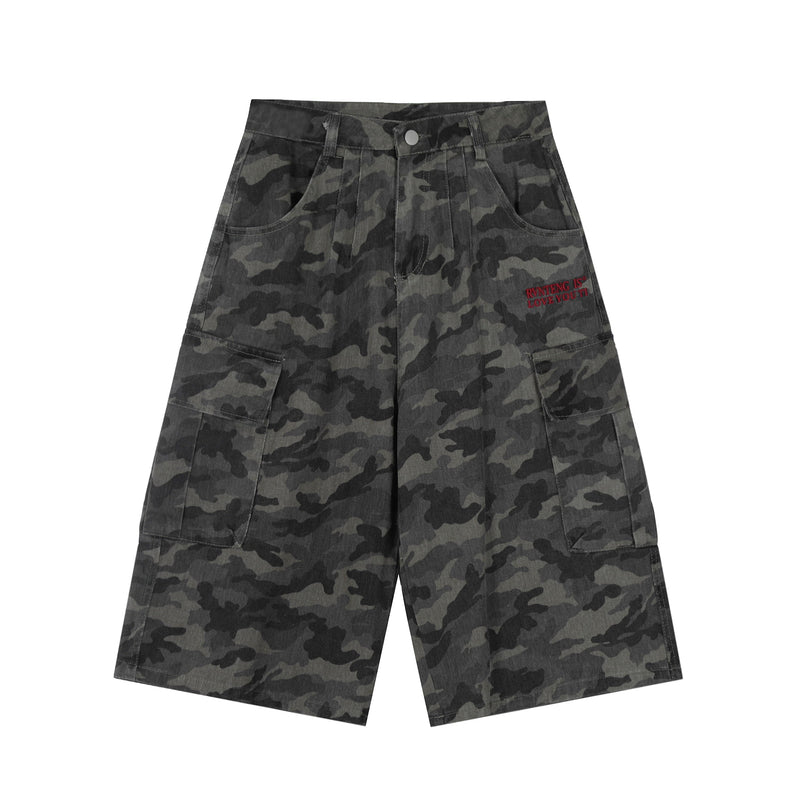 Front view of gray-black camouflage cargo shorts with wide legs and red embroidered text