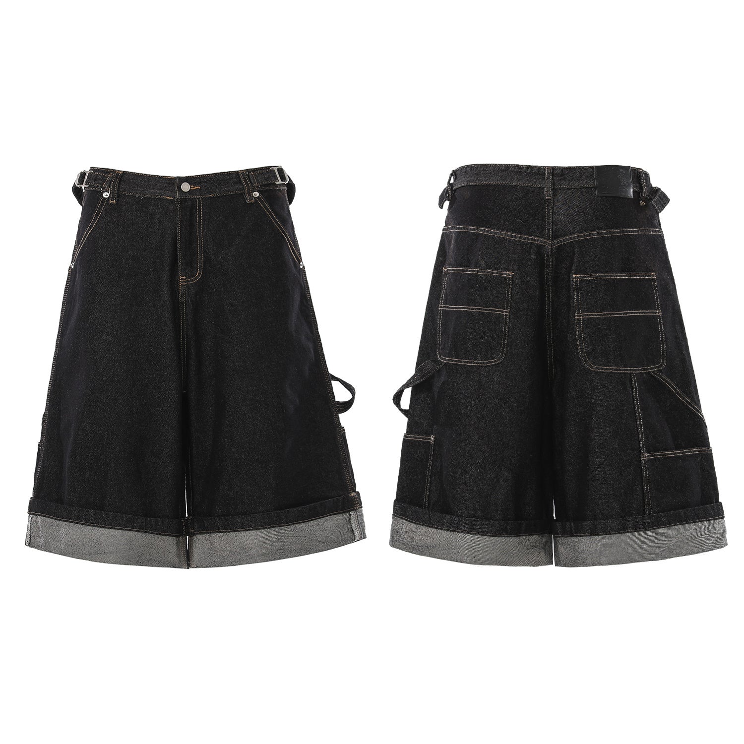 Front and back view of black heavyweight denim cargo shorts with rolled raw hem, contrast stitching, and oversized back pocke