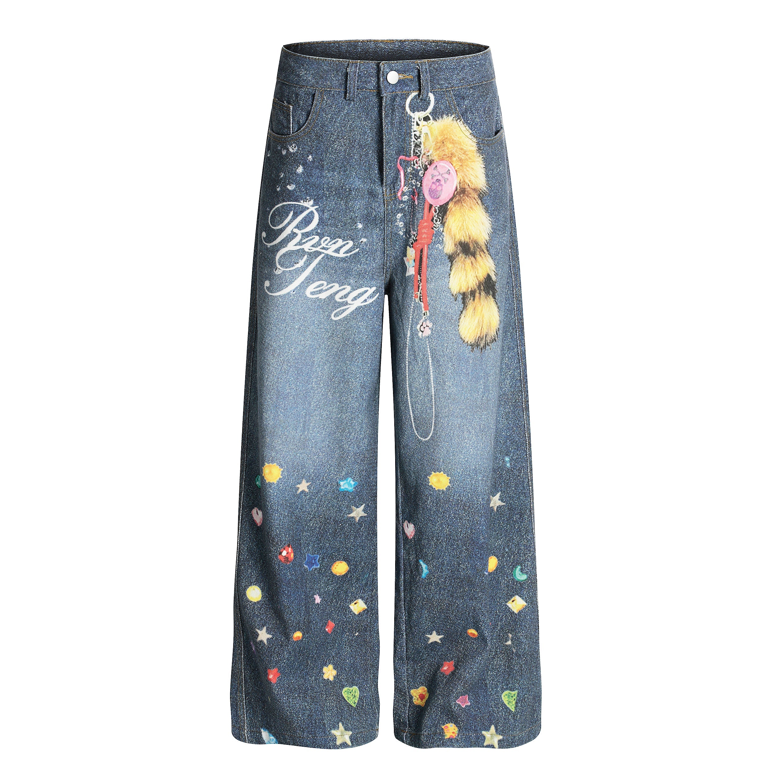 Front view of wide-leg blue denim jeans with colorful gem and star graphic print and decorative faux fur chain charm