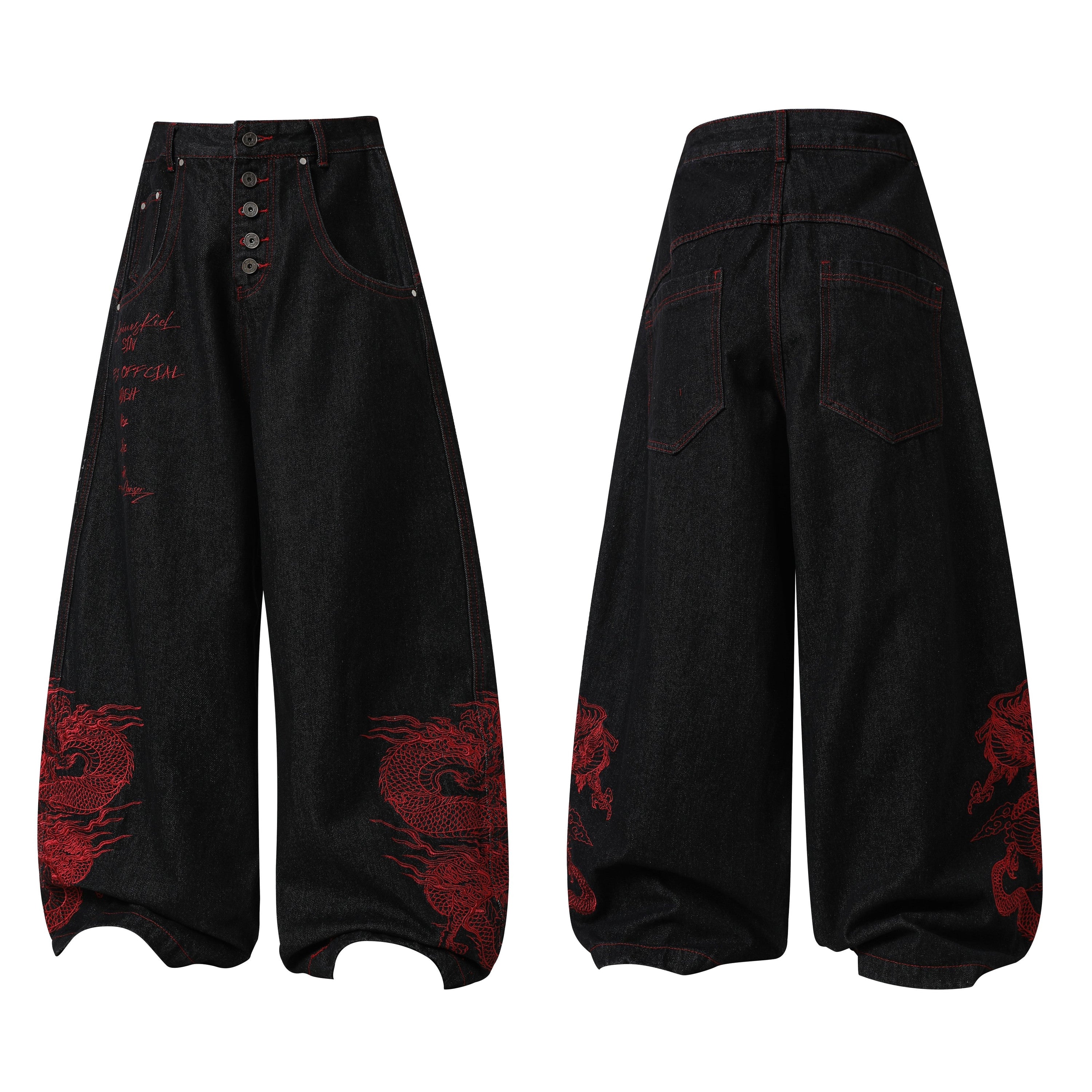 Front and back view of black wide-leg denim pants with red dragon embroidery and exposed button fly