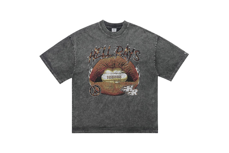 Vintage washed charcoal graphic tee with Hellrays lips print, peace sign and streetwear-inspired distressed design