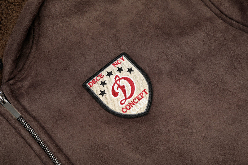 Fleece-Lined Brown Suede-Texture Zip Hoodie Jacket