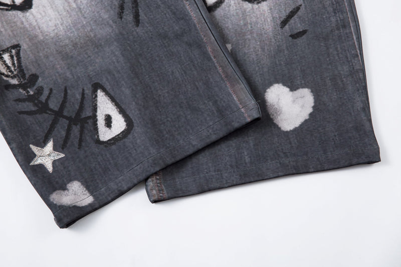 Cat Print Barrel Leg Jeans | Washed Grey Street Art Denim