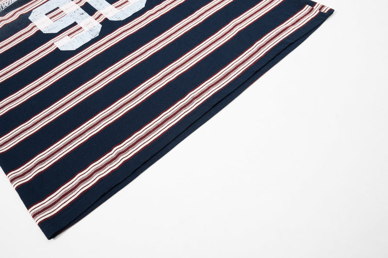 Navy vintage rugby polo shirt with burgundy and white horizontal stripes and worn retro graphic print