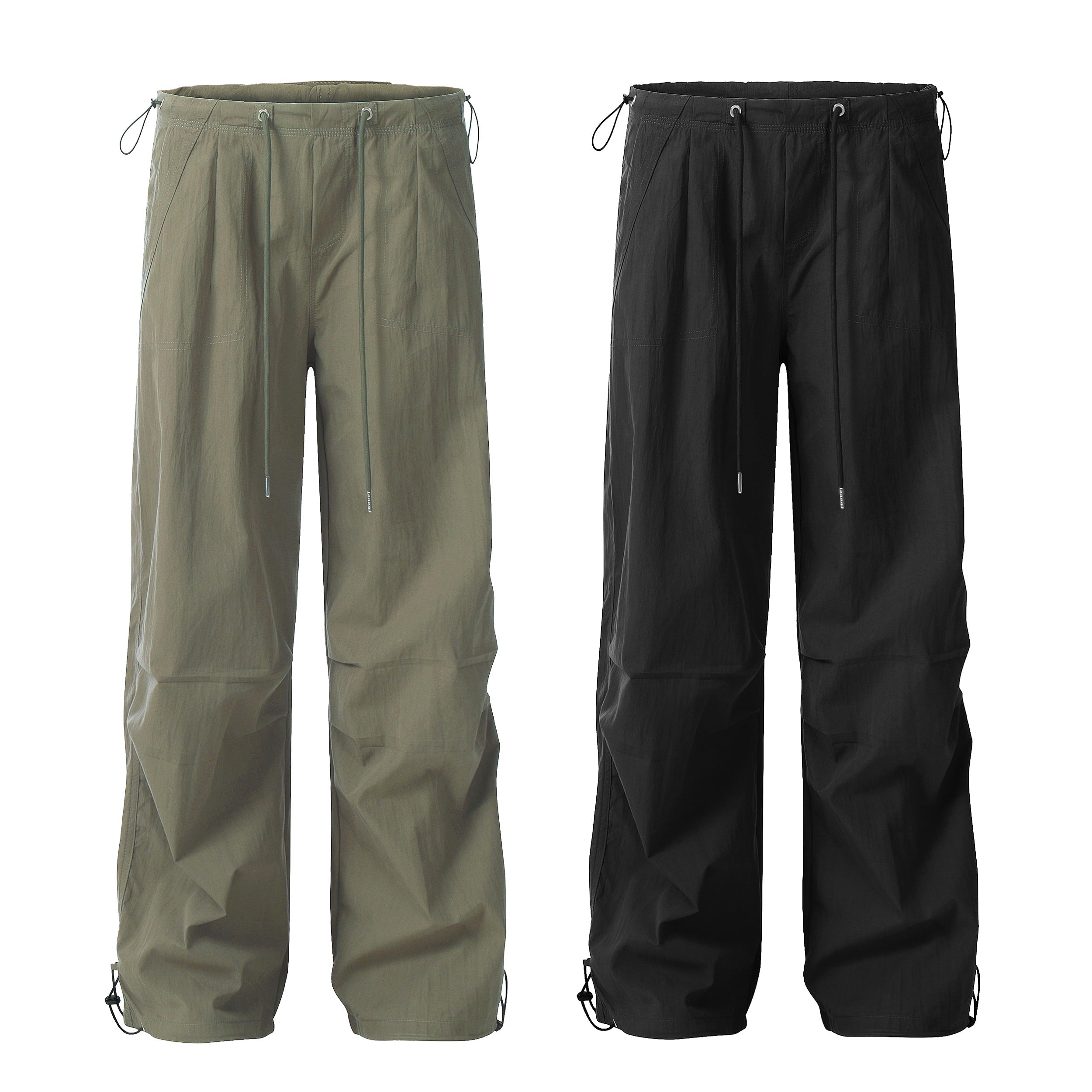 Omirad wide-leg tech utility pants in army olive and black with drawstring waist and ankle cords, front view