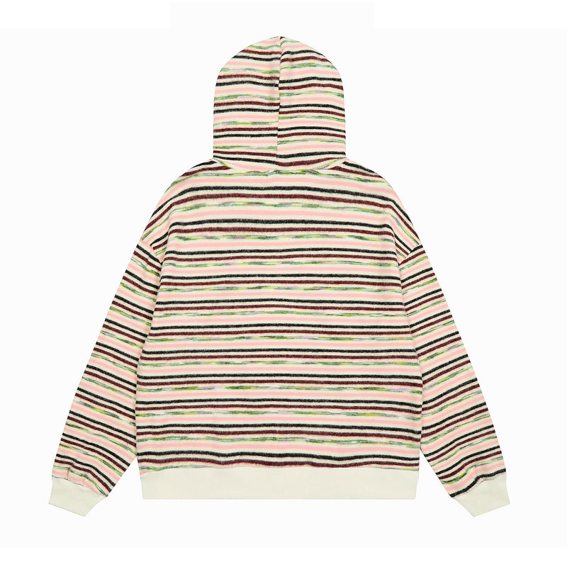 Back view of striped knit zip hoodie with multicolor horizontal stripes and cream hem