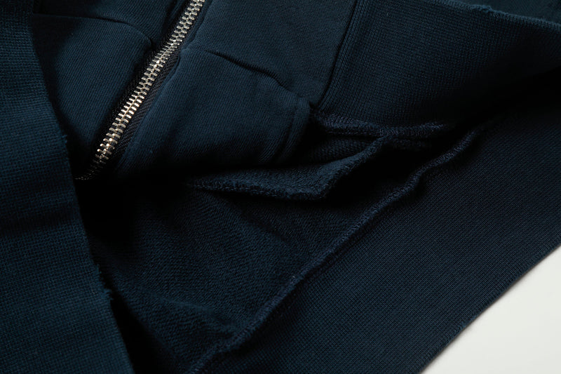 Close-up of zipper, pocket opening, and soft navy fleece lining