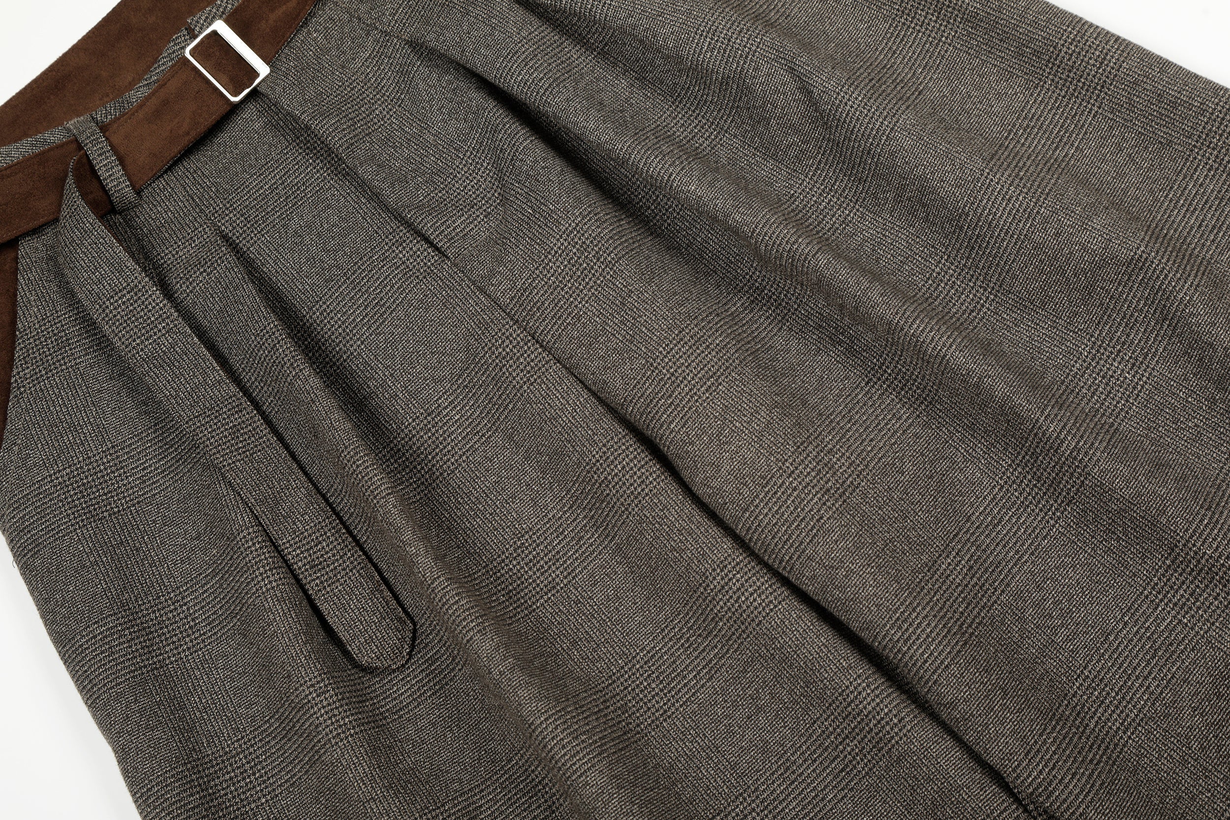 Wide-Leg Plaid Suit Trousers with Suede Trim & Belt