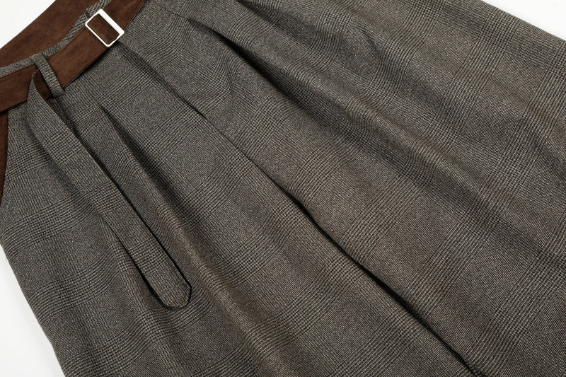 Wide-Leg Plaid Suit Trousers with Suede Trim & Belt