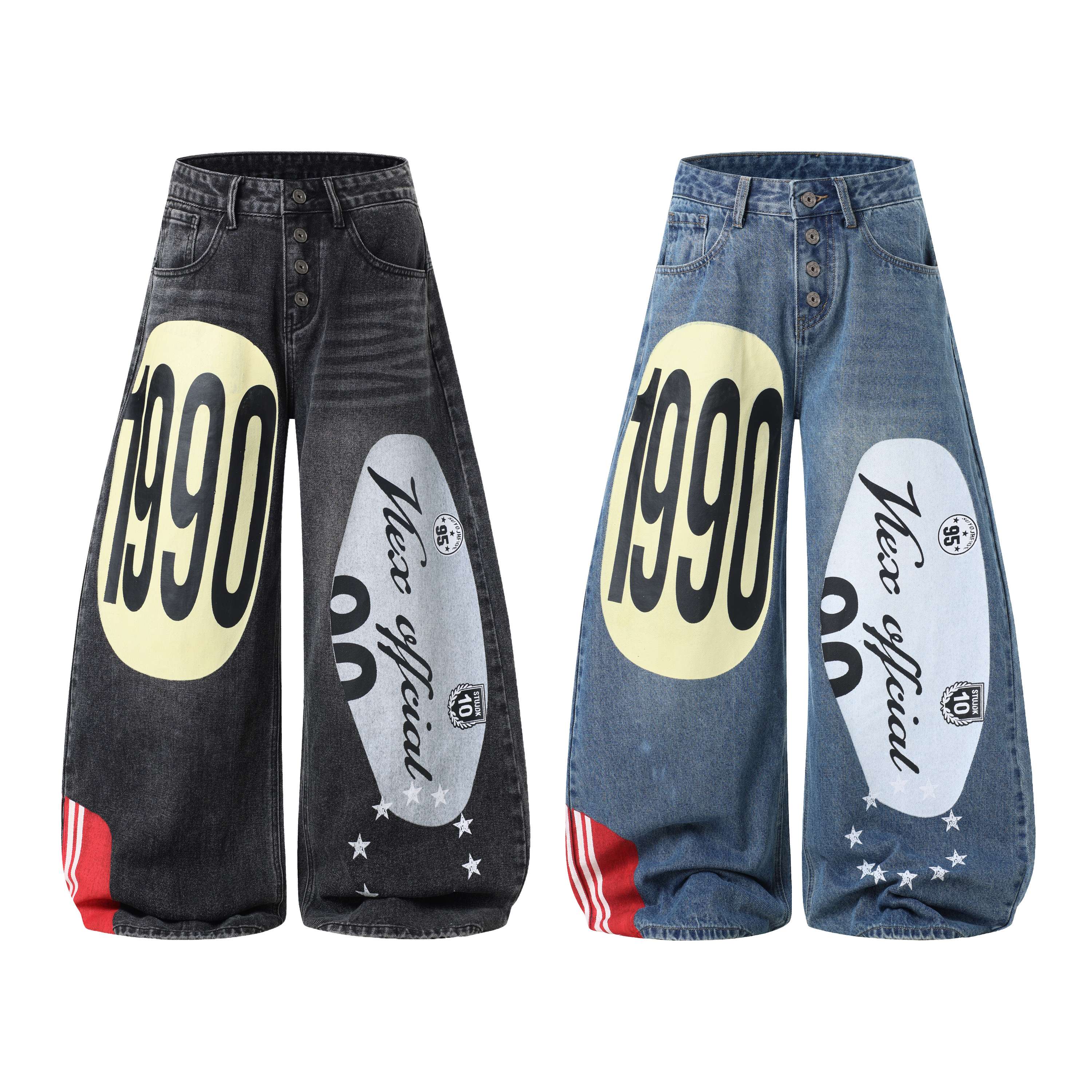 Washed black and mid-wash blue wide-leg jeans with large 1990 graphic print, retro badge artwork, star details, and red strip