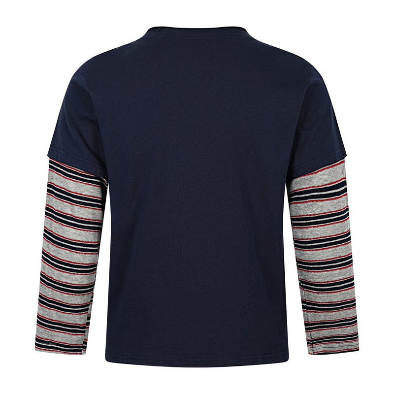 Back view of a navy long sleeve tee with gray striped sleeves