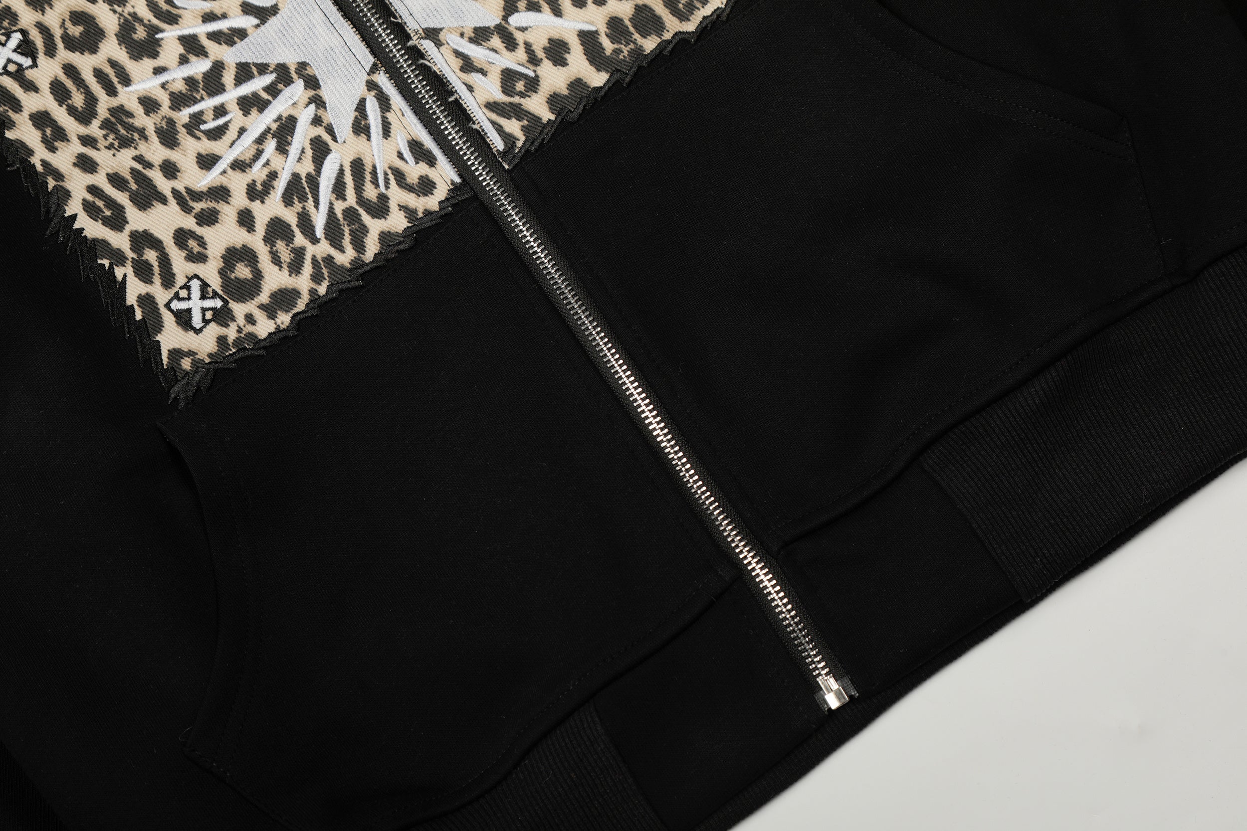Leopard Panel Cat Ear Zip-Up Hoodie | Street Style Black