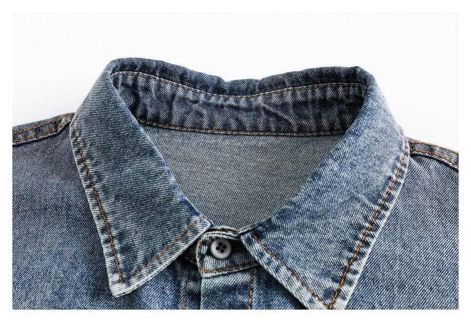 Distressed Denim Chambray Bomber Jacket on Sale - Men's and Women's Long Sleeve Vintage Style - Seakoff
