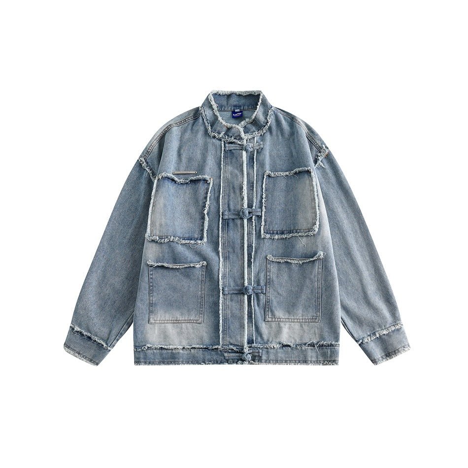 Distressed Denim Chambray Jacket on Sale - Men's and Women's Long Sleeve Vintage Style with Patch Pockets - Seakoff