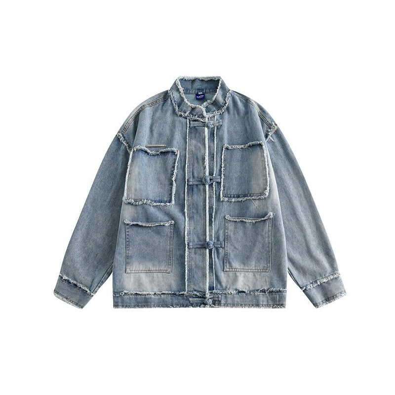 Distressed Denim Chambray Jacket on Sale - Men's and Women's Long Sleeve Vintage Style with Patch Pockets - Seakoff